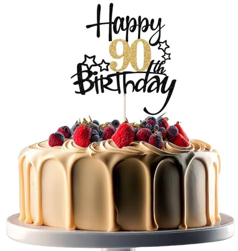 JEKUGOT 90th Birthday Cake Toppers, Black and Gold Glitter Cake Decorations, Happy 90th Birthday Cake Toppers for Men and women Themed Party (1pcs)