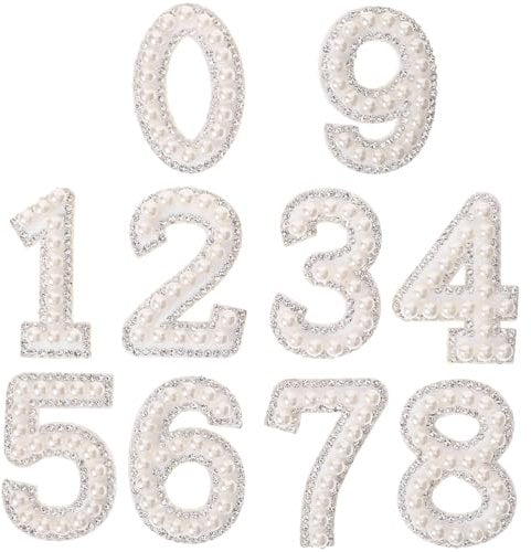 DIYEAH White Pearl Number Patch 1 Set Pearl Letter Patches T-Shirt Backpack Iron on Rhinestone Stickers Hot Diamond Picture Embroidered