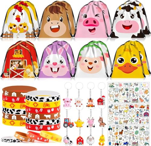 Tacobear Bauernhof Party Mitgebsel Kindergeburtstag Jungen Mädchen Gastgeschenk mit Bauernhoftiere Rucksack Kordelzug Schlüsselanhänger Silikon Armband Give Aways Kindergeburtstag für Kinder