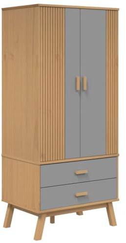vidaXL Kleiderschrank, Garderobenschrank mit 2 Schubladen 1 Fach, Drehtürenschrank Schrank mit Holzgriffen Holzbeine, Grau Braun Massivholz Kiefer