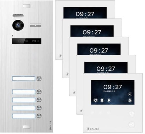 Balter EVO Silber/Weiß Video Türsprechanlage Set für 5 Familienhaus (1x Türstation, 5X 4.3 Mini Monitor, 2-Draht Bus, 150° Weitwinkel)