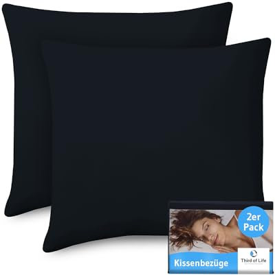 Kissenbezug 80x80 Schwarz, 2-er Set Kissenbezüge, Premium Mako-Baumwolle, Kopfkissen-Bezug für 80 x 80 cm Kissen, Kissenhüllen für Seitenschläferkissen, Sofakissen, Couchkissen, Oeko-TEX Zertifiziert