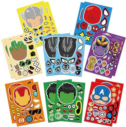 16 Sheets Superhero DIY Stickers for Kids,Make Your Own Personalized Cartoon Stickers for Kids,Match Make a Face Art Crafts Suitable for Birthday Party Supplies Gifts