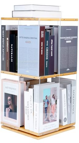 mosegor Drehbares Bücherregal Acryl Standregal 360° frei drehbar Büroregal Drehregal Dekoregal aus holz-Verkleidung Lagerregal für Schlafzimmer, Wohnzimmer, Arbeitszimmer und Büro 33x62x33cm