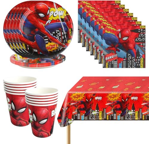 Decoración Cumpleaños, 41 Piezas Spider Cumpleaños Fiesta Decoración Set, Spider Vajilla Juego de Vajilla Spider Incluir Platos, Vasos, Mantel, Servilletas