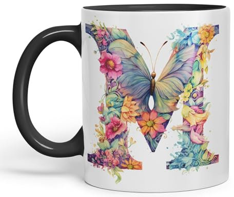 Vixar Letter M Mug, Floral Flowers Butterfly Alphabet Letter M Monogram Watercolour Ceramic Coloured Mug Cup for Tea Coffee Hot Brew 330ml 11Oz Gift (Black)