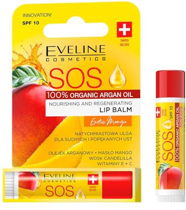 Eveline Cosmetics SOS Exotic Mango Lippenbalsam - Nährend & Regenerierend mit Arganöl und Mangobutter, SPF 10 Schutz, Lang anhaltende Feuchtigkeit