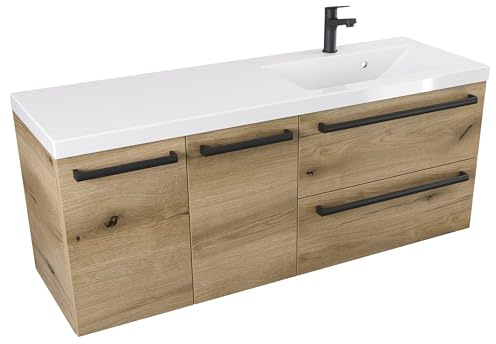 Furni Loft-Waschbeckenunterschrank 120 D 2SZ P ATH DC - glänzendes Holz - Schwarzer Mattgriff