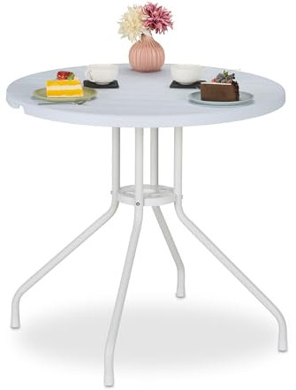 Relaxdays Gartentisch, H x D: 74 x 80 cm, Holzoptik, Kunststoff & Stahl, Outdoor Esstisch, runder Balkontisch, weiß