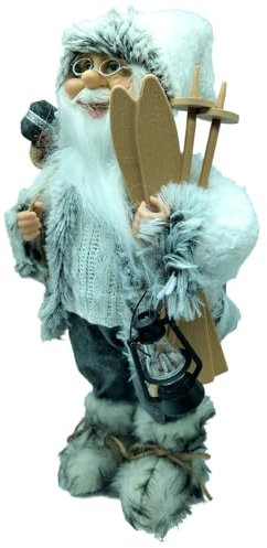 Tradineur - Figura de Papá Noel con esquís, poliéster y plástico, Santa Claus de pie, decoración Festiva, Adornos Navidad, escaparates, hogar (Gris - 40 cm)