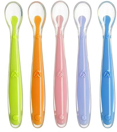 Cuillère Bébé en Silicone - Ensemble de 5 Pièces Sans BPA, Couverts avec Bout Arrondi, Facile à Tenir pour Encourager l'Autonomie Alimentaire de Bébé, Pratique et Confortable à Utiliser.