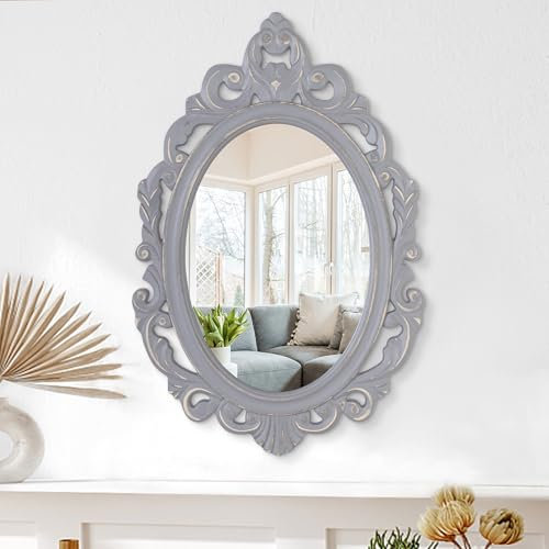 Wandspiegel im Vintage-Stil, Wanddekoration, 71,1 x 50,8 cm, antiker ovaler Holzrahmen, Badezimmerspiegel, rustikale Wandmontage, dekorativer Bauernhaus-Spiegel für Schlafzimmer, Wohnzimmer, Grau
