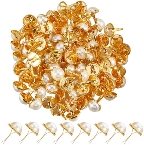 SUNNYCLUE 100 Stück Mini Metall Brads Perlen Brad Großpackung Goldenes Eisen Flach Rund Weiß Kunstperlen Splintstifte Papierverschlüsse Brads Für Scrapbooking Kartenherstellung Hochzeitsdekoration DIY