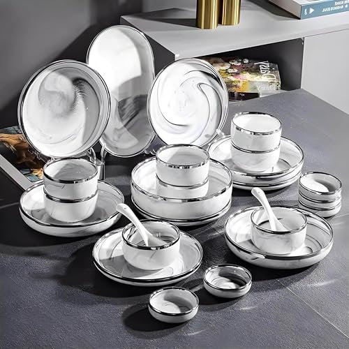 Générique Vaisselle Complète en Porcelaine Blanche, Motif Marbré, Vaisselle Haut De Gamme, Set Complet pour Cadeau De Mariage Et Pendaison De Crémaillère (44 Sets for 8)