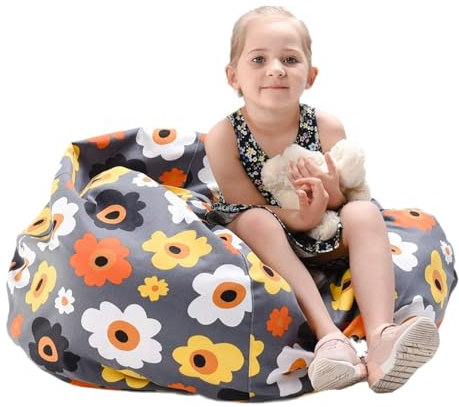 Bag Toy Storage, Bean Bag Seat Cushion, Soft, Toy Storage Bag, Plush Bean Bag Cushion, Comfortable, Durable, Toy Storage Bag for Reading and Storing Toys（No Filling）(Grey Flower, 24in)