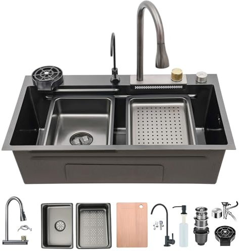 Grifo Cascada Fregadero Con Pantalla, Fregadero Con Nanorrevestimiento, Fregadero De Cocina Con Cascada, Tabla De Cortar Deslizante Y Lavavajillas De Alta Presión(Black-Grey#1,68x45cm)