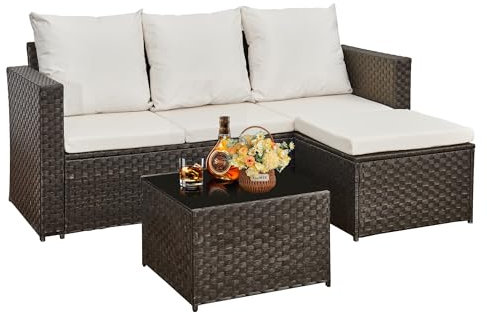 AOUXIN 3-Piece Rattan Garden Furniture Set, Outdoor Sectional Sofa with Coffee Table, Black Wicker, White Cushions