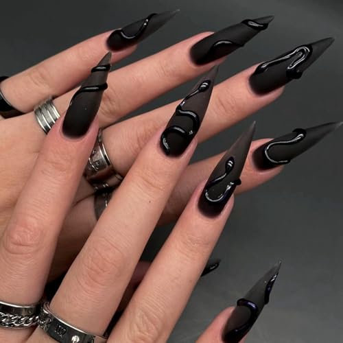 Almond False Nails Long - 24pcs Fake Nails with 3D Snake Nail Tip - Press on Nail Glossy Full Cover Fake with Glue - Black Stick on Nails for Women Girls Valentines Days Nail Art