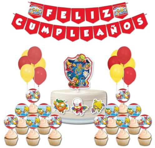 Kit SuperZyngs de Decoración para Fiesta de Cumpleaños, 2 Banderines, 12 Toppers, Cake Topper, Globos (SuperZings)