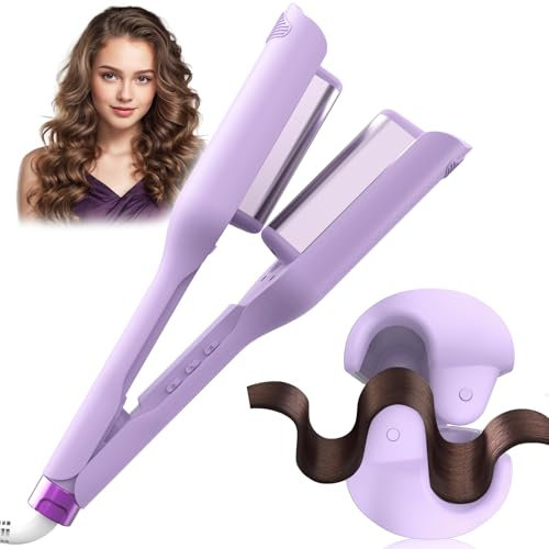 AISEELY Rizador de Pelo Ondas 32MM, U Profundo Beach Waves Plancha Ondas con 3 Temperaturas con Temporizador, Ideal para Principiantes, Pantalla LED, Rizador Francés para Pelo Largo/Corto - Púrpura