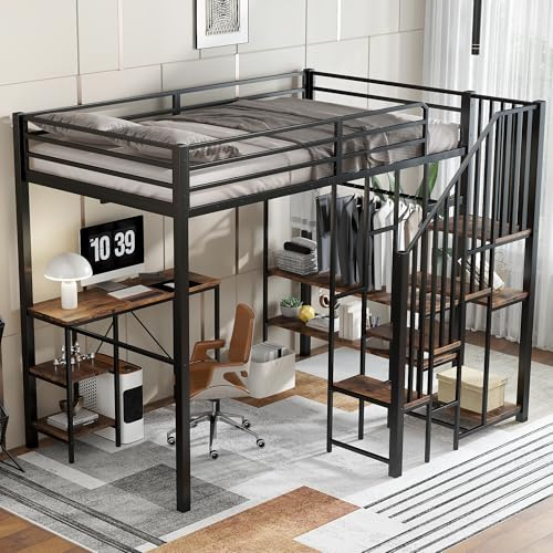 Letto in ferro, letto a castello, adatto per bambini e ragazzi, armadio a scala angolare con vano portaoggetti, con tavolo e ripiano, con armadio aperto, ferro e MDF, nero e colore legno vintage, 120