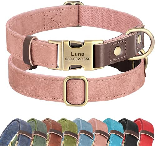 Didog Collier pour chien en cuir personnalisé, doux et durable, collier réglable avec plaque nominative et boucle en métal à dégagement rapide pour chiens de petite, moyenne et grande taille, rose