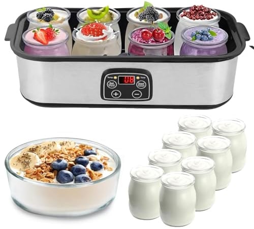 MEKOTRIN Yogurt Maker with 8 Glass Jars - 1440ML Electric Yoghurt Maker Stainless Steel Machine with LED Display, Adjustable Temp & Timer, for Making Organic Yogurt, Natto, Homemade Commercial Use