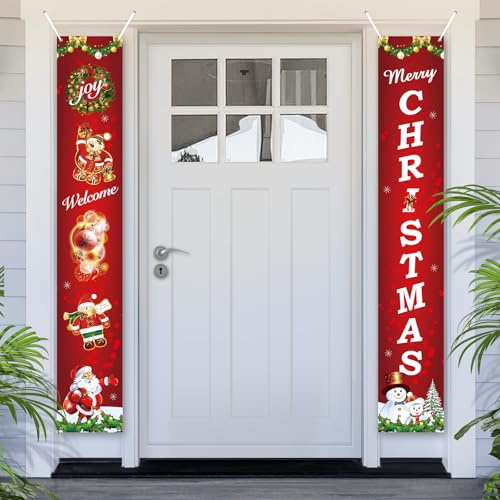 PartyYaa Weihnachten Tür Banner, Weihnachten Banner Fotoautomaten Dekoration, Weihnachtsmann & Schneemann Veranda Schild, Party Verzierung für Drinnen und Draußen (Rot)
