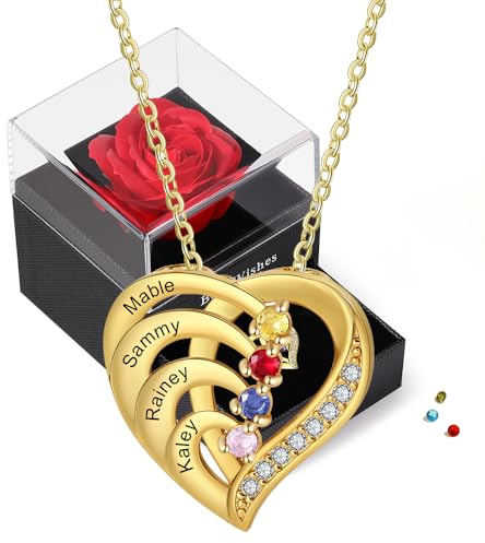 Rose Eternelle Artificielle avec Collier - Collier Cœur Personnalisé en Argent 925 pour Femme avec Nom Pierre de naissance - Cadeau pour Noël,Anniversaire,Saint-Valentin,Fête des Mères (Or-4 nom)