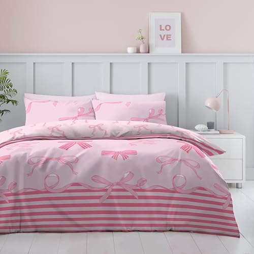 GC GAVENO CAVAILIA Bows Duvet Cover Double With Pillow Cases | Soft & Cosy Duvet Cover Sets (200x200 Cm) | Easy Care Reversible Pink Striped Bedding Quilt Covers Bed Set