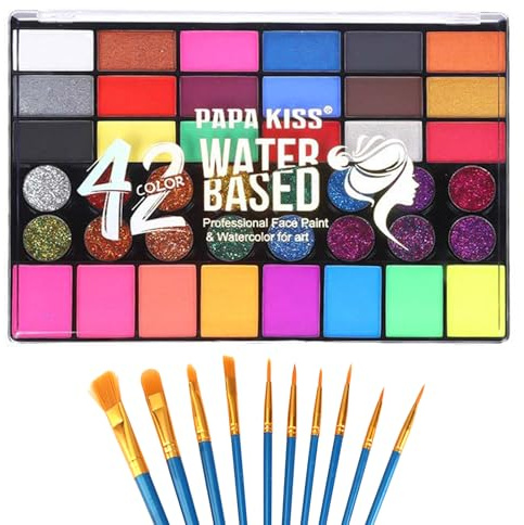 Pintacaras 42 Colores, Maquillaje Facial y Corporal con Pinceles, Fácil de Limpiar, Ideal para Fiestas, Cosplay y Celebraciones