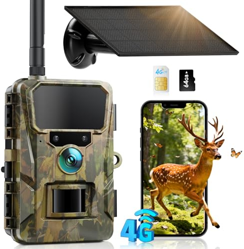 CEYOMUR 4G LTE Cellular Wildlife Camera, 48MP Solar Trail Camera with 64GB TF & SIM Card, Wildlife Camera with 5200mAh Battery, 0.2S Motion Activated, APP Instant Alarm, Cloud/TF Storage