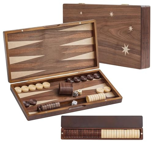 Set de backgammon de madera para adultos 15,7 pulgadas (40 cm) tablero plegable con vasos de dados de madera Gran backgammon de viaje premium