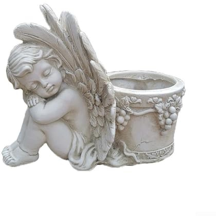 Pot de fleurs en résine avec trous de drainage pour plantes grasses et petites plantes - Décoration de jardin élégante pour intérieur ou extérieur - Blanc - 24,5 x 15,2 x 20 cm (ange gauche)