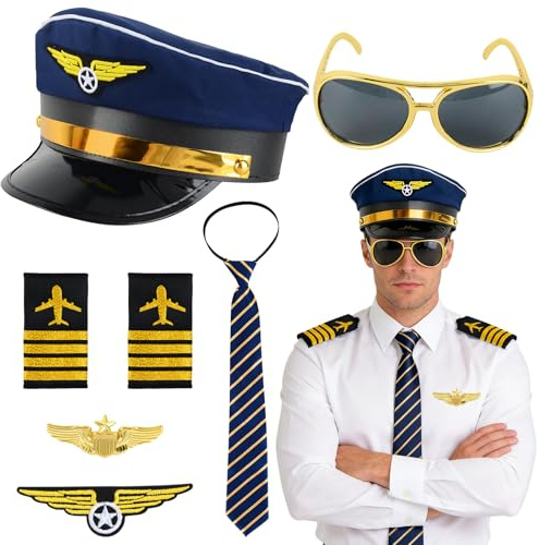 TOYTOPIE 7 stück Pilot Kapitän Kostüm Zubehör mit Schulterklappen, Pilotenhut, Brille, Krawatte, Abzeichen, Metall-Anstecknadel, Kapitän Verkleidung Accessoires für Cosplay, Kostümparty