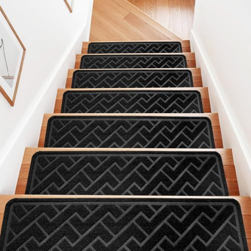 15 Pack Carpet Stair Treads Non Slip for Wooden Steps, Carpet Stair Treads | 20.3 x 76 cm (15-Pack) Made of Polyester and Reusable Adhesive, Stair Runner Rugs for Kids, Elders and Pets Black