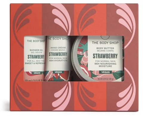 Strawberry Mini Gift Set, 3-Piece Full-Size Body Care (Worth £17.5) | Shower Gel 60ml, Body Butter 50ml and Hand Cream 30ml, Cleansing and Softening Care with 96hr Moisture, by The Body Shop