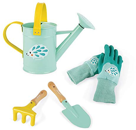 Janod - Set du Petit Jardinier Happy Garden - Set de 4 Outils de Jardinage pour Enfant - Motricité Fine - Couleur Menthe - Dès 3 Ans, J03187, Bleu / Jaune