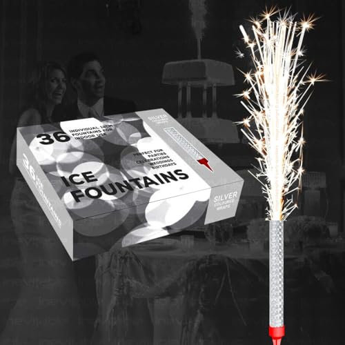 Box of 36 Ice Fountains | Sparkling Fountains for Cakes, Champagne and Prosecco Bottles | 12cm Quality Ice Fountains | Length 15cm with Cake Spike (Silver)