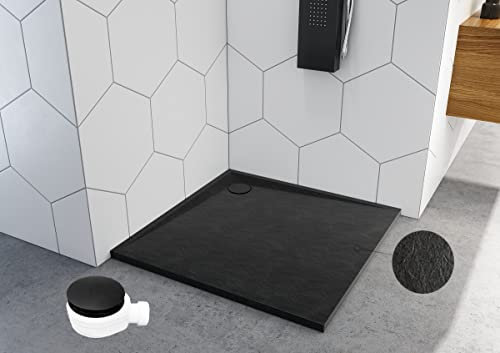 Duschwanne BlackStone Quadratisch 90x90 cm Steinoptik schwarz Extraflache Acryl-Duschtasse Aufbau-Höhe: 3 cm Ablaufgarnitur inklusive