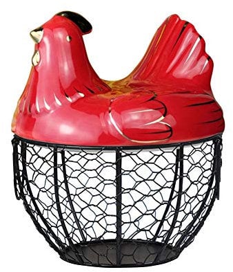 Egg Holder Chicken Shape Ceramics Metal Mesh Wire Egg Basket Decorative Kitchen Storage Baskets Holder Rack for Kitchen Storage Decoration, Fruit Snacks Organizer Rack Black &Red