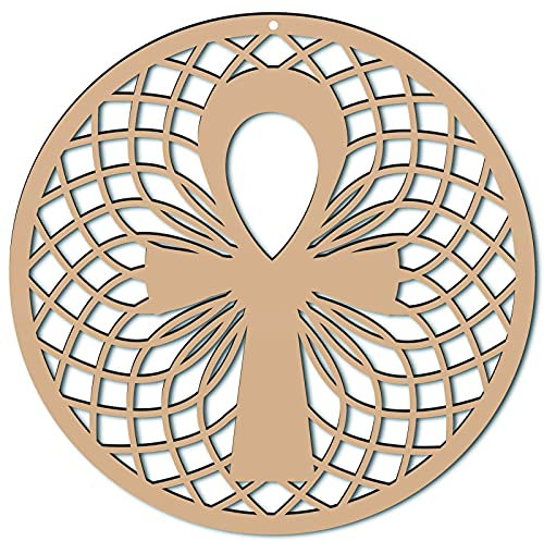 CREATCABIN 12inch Antikes Ankh Ägyptische Kreuz Holzwandkunst Kristallgitter Heilige Laser Cut Wandskulptur Hängendes Dekor Spirituelles Symbol Flache Runde Für Home Office Yoga Studio Dekoration