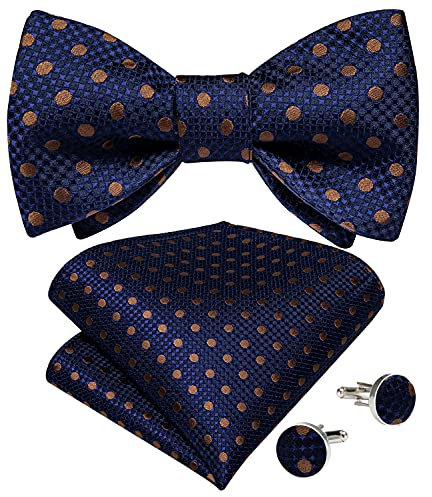DiBanGu Fliege für Herren, kariert, gestreift, Seide, gewebt, Einstecktuch, Manschettenknöpfe, Hochzeit, Party, Blaue und braune Punkte, Einheitsgröße