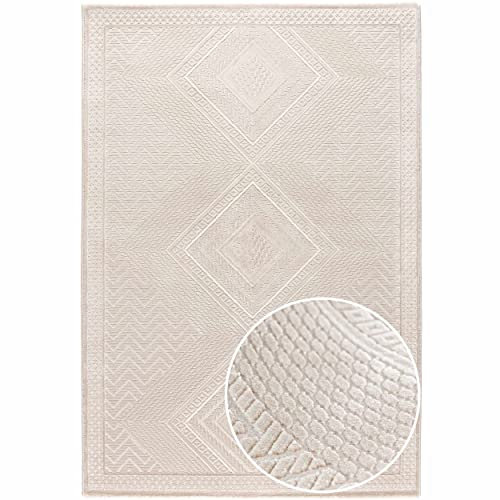Mynes Home Webteppich Kurzflor Wohnzimmer Teppiche in Beige - 3D Vintage Abstraktes Skandinavisches Muster - weich und pflegeleicht - Grösse 120x170 cm
