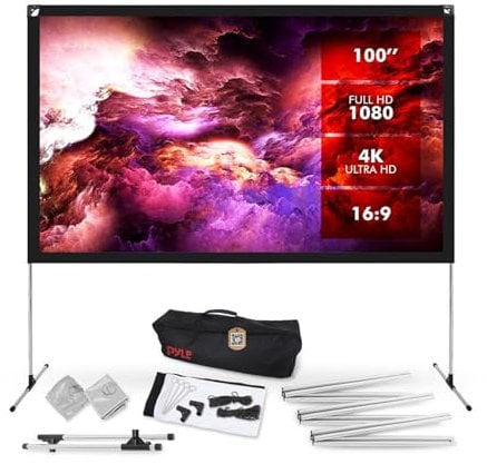 Pyle PRJOS100 Projector Screen with Stand - 100 16:9 HD 4K Portable Lightweight Freestanding Foldable Indoor Outdoor Movie Projection Display with Frame for Home Theater