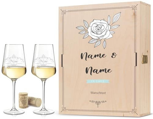 GRAVURZEILE Leonardo Lot de 2 verres à vin blanc vintage en forme de vigne avec nom et motif gravé – Cadeau pour couple – Cadeau d'anniversaire & mariage – Couleur + boîte en bois