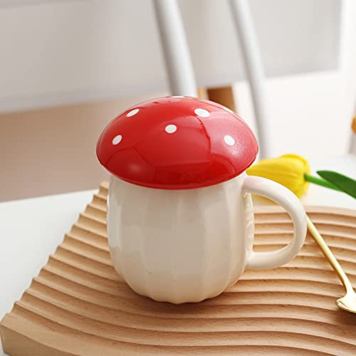 Taza de hongo, taza de hongo con tapa, taza de café kawaii, bonita taza de té de café de hongos, taza de café de cerámica con tapa, taza de café decorativa de hongos (rojo)