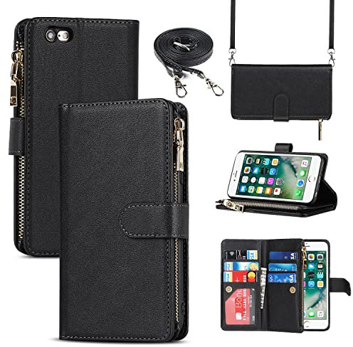 Cavor Crossbody iPhone 6/6S Case With Card Holder With Strap,Flip Leather Wallet Case,[9 Card Holder] Zipper Detachable Lanyard Phone Case Cover for Women for iPhone 6/6S - Black