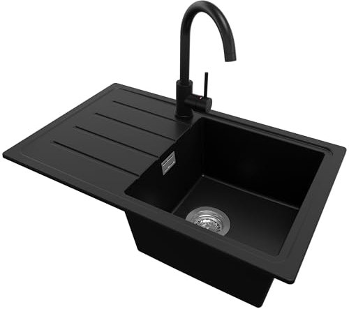 PRIMAGRAN Evier Cuisine en Granit Noir 70x44cm, Lavabo 1 bac + Robinet 32x20cm + Kit de Vidage, Évier à Encastrer al mueble 45cm - Copenhague Easy S027