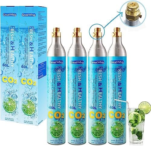 GreatWhip 4x CO2 Zylinder 60 L für Wassersprudler, Prämie Einschrauben Karbonisator kompatibel mit gängigen Sprudlern, SodaStream, Aarke etc., 425g Recycelbar Gewindezylinder *Nicht für Quick Connect